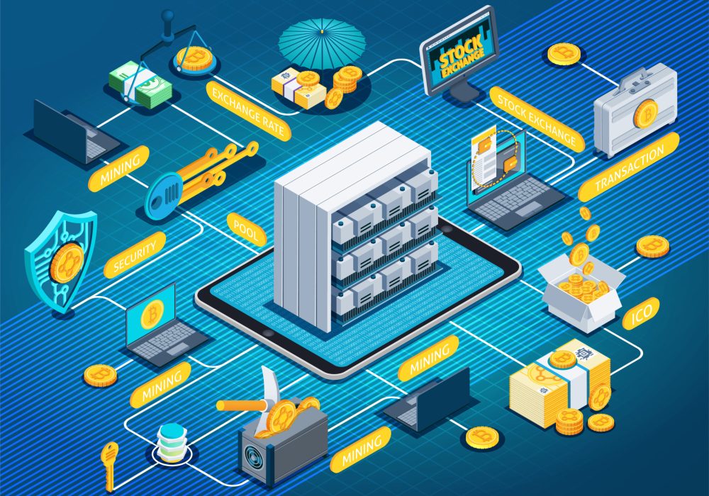 Isometric flowchart on blue background with blockchain, mining cryptocurrency, exchange rate, investment, ico, mobile devices, vector illustration