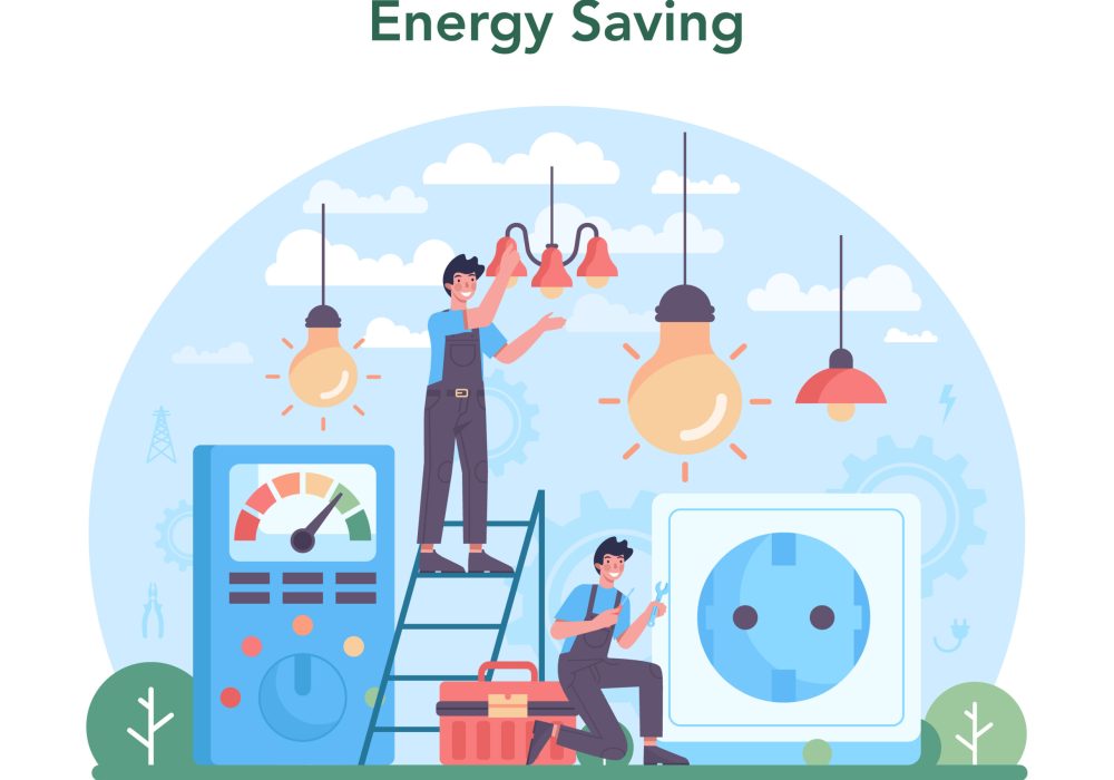 Electrician concept. Electricity works service worker in the uniform repair electrical element. Technician repair, meter installation and energy saving. Flat vector illustration