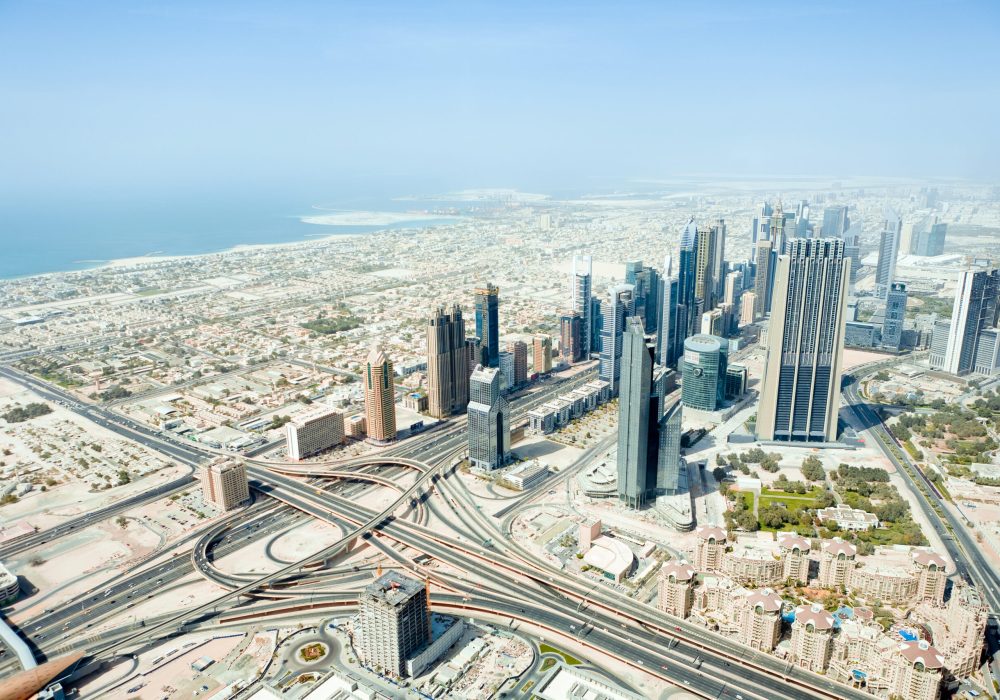 The top view on Dubai from the highest tower in the world, Burj Khalifa (828 metres). United Arab Emirates.