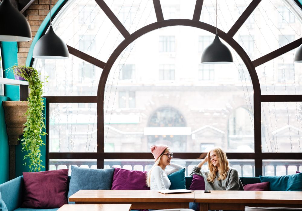 Two happy attractive young women sitting and talking in cafe